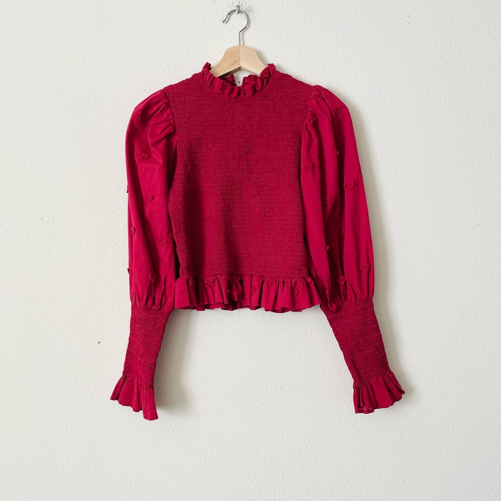 Farm Rio MEDIUM 3D heart smocked burgundy red blouse